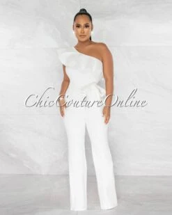 Sabine Off-White Sigle Shoulder Ruffle Details Denim Jumpsuit