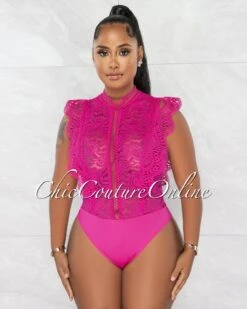 Dayra Pink Lace See-Through Crochet Details Bodysuit