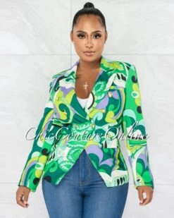 Davonte Green Retro Print Double Breasted Gold Buttons Blazer