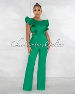 Porter Kelly Green Ruffle Details Jumpsuit