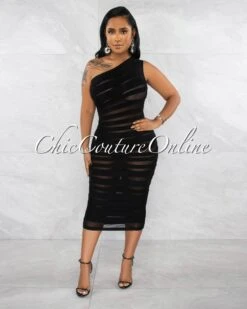 Raimy Black Mesh Accent Stripes Bandage Midi Dress