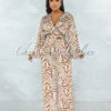 Evander Brown White Print Pleated Satin Jumpsuit
