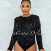 Laureen Black Sequins Padded Shoulders Bodysuit