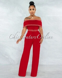 Montaro Red White Fret Trim Off-The Shoulders Jumpsuit