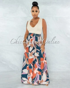 Nasira Nude Multi-Color Floral Print Belt Wide Pants