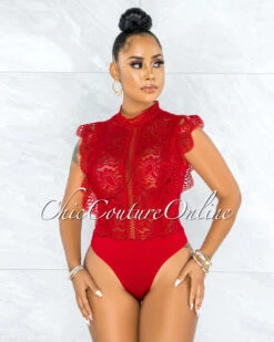 Dayra Red Lace See-Through Crochet Details Bodysuit