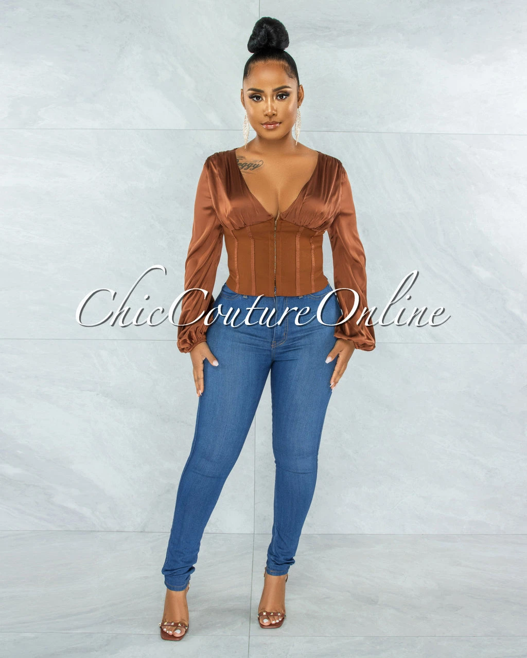 Maina Brown Satin Suede Corset Style Top - Image 2