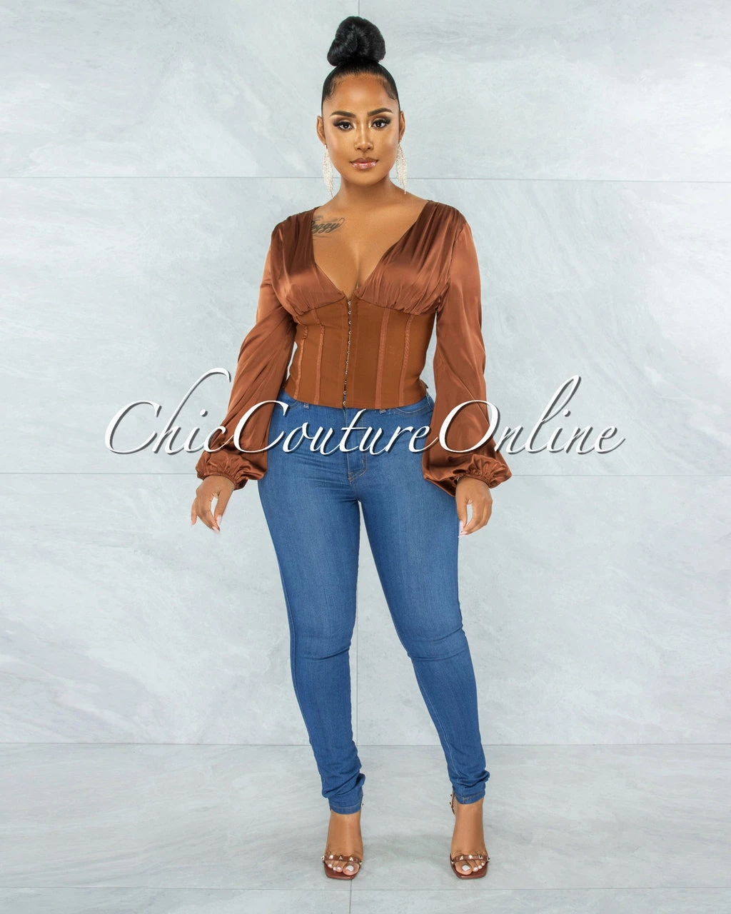 Maina Brown Satin Suede Corset Style Top - Image 3