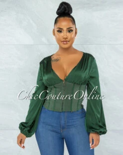Maina Hunter Green Satin Suede Corset Style Top