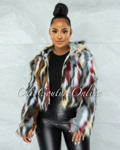 Duyen Grey Nude Wine Faux Fur Jacket