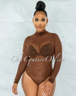 Carlanda Brown Mesh Rhinestones Bodysuit