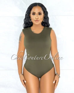 Apria Olive Green Padded Shoulders Bodysuit